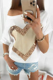 LC25224170-P1-S, LC25224170-P1-M, LC25224170-P1-L, LC25224170-P1-XL, White Valentine's Day Sequined Heart Crew Neck Short Sleeve Top