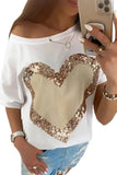 LC25224170-P1-S, LC25224170-P1-M, LC25224170-P1-L, LC25224170-P1-XL, White Valentine's Day Sequined Heart Crew Neck Short Sleeve Top