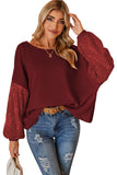 LC25123326-P503-S, LC25123326-P503-M, LC25123326-P503-L, LC25123326-P503-XL, LC25123326-P503-2XL, Burgundy Sequin Patchwork Sleeve Open Back Waffle Knit Top