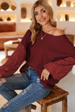 LC25123326-P503-S, LC25123326-P503-M, LC25123326-P503-L, LC25123326-P503-XL, LC25123326-P503-2XL, Burgundy Sequin Patchwork Sleeve Open Back Waffle Knit Top