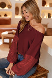 LC25123326-P503-S, LC25123326-P503-M, LC25123326-P503-L, LC25123326-P503-XL, LC25123326-P503-2XL, Burgundy Sequin Patchwork Sleeve Open Back Waffle Knit Top