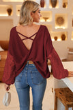 LC25123326-P503-S, LC25123326-P503-M, LC25123326-P503-L, LC25123326-P503-XL, LC25123326-P503-2XL, Burgundy Sequin Patchwork Sleeve Open Back Waffle Knit Top