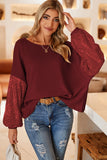 LC25123326-P503-S, LC25123326-P503-M, LC25123326-P503-L, LC25123326-P503-XL, LC25123326-P503-2XL, Burgundy Sequin Patchwork Sleeve Open Back Waffle Knit Top