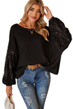 LC25123326-P2-S, LC25123326-P2-M, LC25123326-P2-L, LC25123326-P2-XL, LC25123326-P2-2XL, Black Sequin Patchwork Sleeve Open Back Waffle Knit Top
