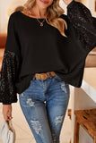 LC25123326-P2-S, LC25123326-P2-M, LC25123326-P2-L, LC25123326-P2-XL, LC25123326-P2-2XL, Black Sequin Patchwork Sleeve Open Back Waffle Knit Top