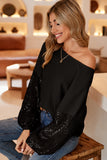 LC25123326-P2-S, LC25123326-P2-M, LC25123326-P2-L, LC25123326-P2-XL, LC25123326-P2-2XL, Black Sequin Patchwork Sleeve Open Back Waffle Knit Top