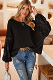 LC25123326-P2-S, LC25123326-P2-M, LC25123326-P2-L, LC25123326-P2-XL, LC25123326-P2-2XL, Black Sequin Patchwork Sleeve Open Back Waffle Knit Top