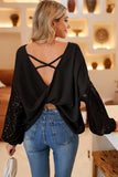 LC25123326-P2-S, LC25123326-P2-M, LC25123326-P2-L, LC25123326-P2-XL, LC25123326-P2-2XL, Black Sequin Patchwork Sleeve Open Back Waffle Knit Top