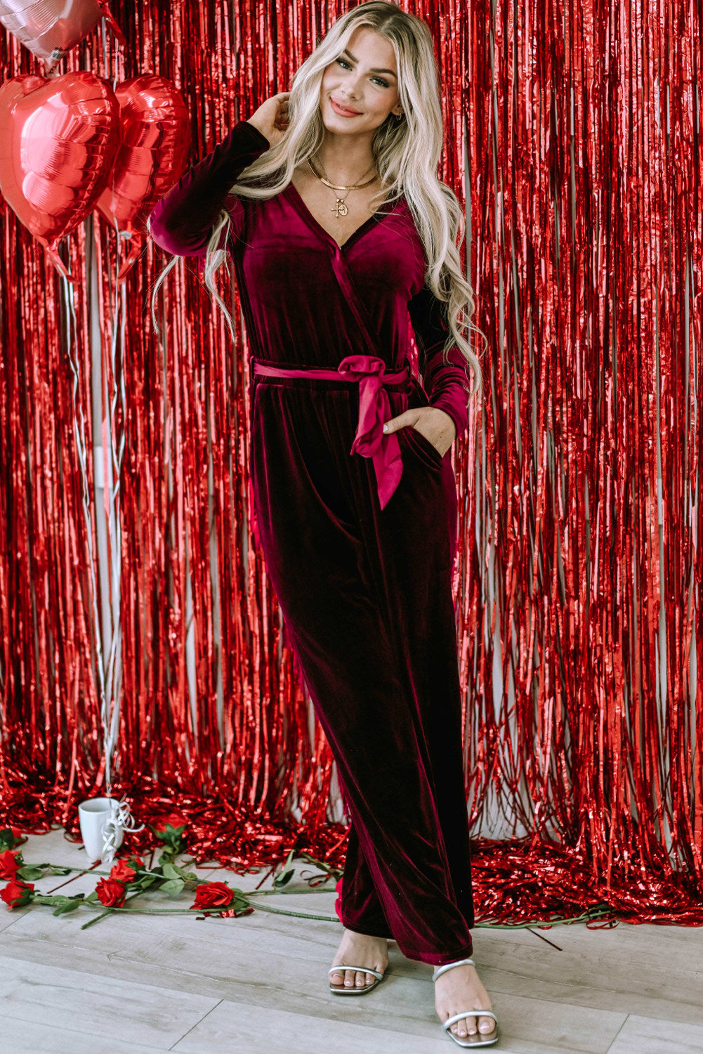 LC6412598-3-S, LC6412598-3-M, LC6412598-3-L, LC6412598-3-XL, Red Velvet Pocketed Cut out Back Wide Leg Jumpsuit