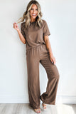 LC625630-P7016-S, LC625630-P7016-M, LC625630-P7016-L, LC625630-P7016-XL, Smoke Gray Solid Color T Shirt 2pcs Wide Leg Pants Set