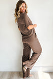 LC625630-P7016-S, LC625630-P7016-M, LC625630-P7016-L, LC625630-P7016-XL, Smoke Gray Solid Color T Shirt 2pcs Wide Leg Pants Set