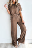 LC625630-P7016-S, LC625630-P7016-M, LC625630-P7016-L, LC625630-P7016-XL, Smoke Gray Solid Color T Shirt 2pcs Wide Leg Pants Set