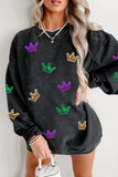 LC25317148-2-S, LC25317148-2-M, LC25317148-2-L, LC25317148-2-XL, LC25317148-2-2XL, Black Mardi Gras Crown Sequin Patch Corded Baggy Sweatshirt