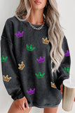 LC25317148-2-S, LC25317148-2-M, LC25317148-2-L, LC25317148-2-XL, LC25317148-2-2XL, Black Mardi Gras Crown Sequin Patch Corded Baggy Sweatshirt