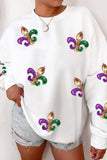 LC25317084-1-S, LC25317084-1-M, LC25317084-1-L, LC25317084-1-XL, LC25317084-1-2XL, White Sequin Mardi Gras Graphic Pullover Sweatshirt