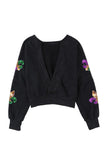 LC25317105-2-S, LC25317105-2-M, LC25317105-2-L, LC25317105-2-XL, LC25317105-2-2XL, Black Mardi Gras Sequin Fleur De Lis Open Back Sweatshirt