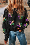 LC25317105-2-S, LC25317105-2-M, LC25317105-2-L, LC25317105-2-XL, LC25317105-2-2XL, Black Mardi Gras Sequin Fleur De Lis Open Back Sweatshirt
