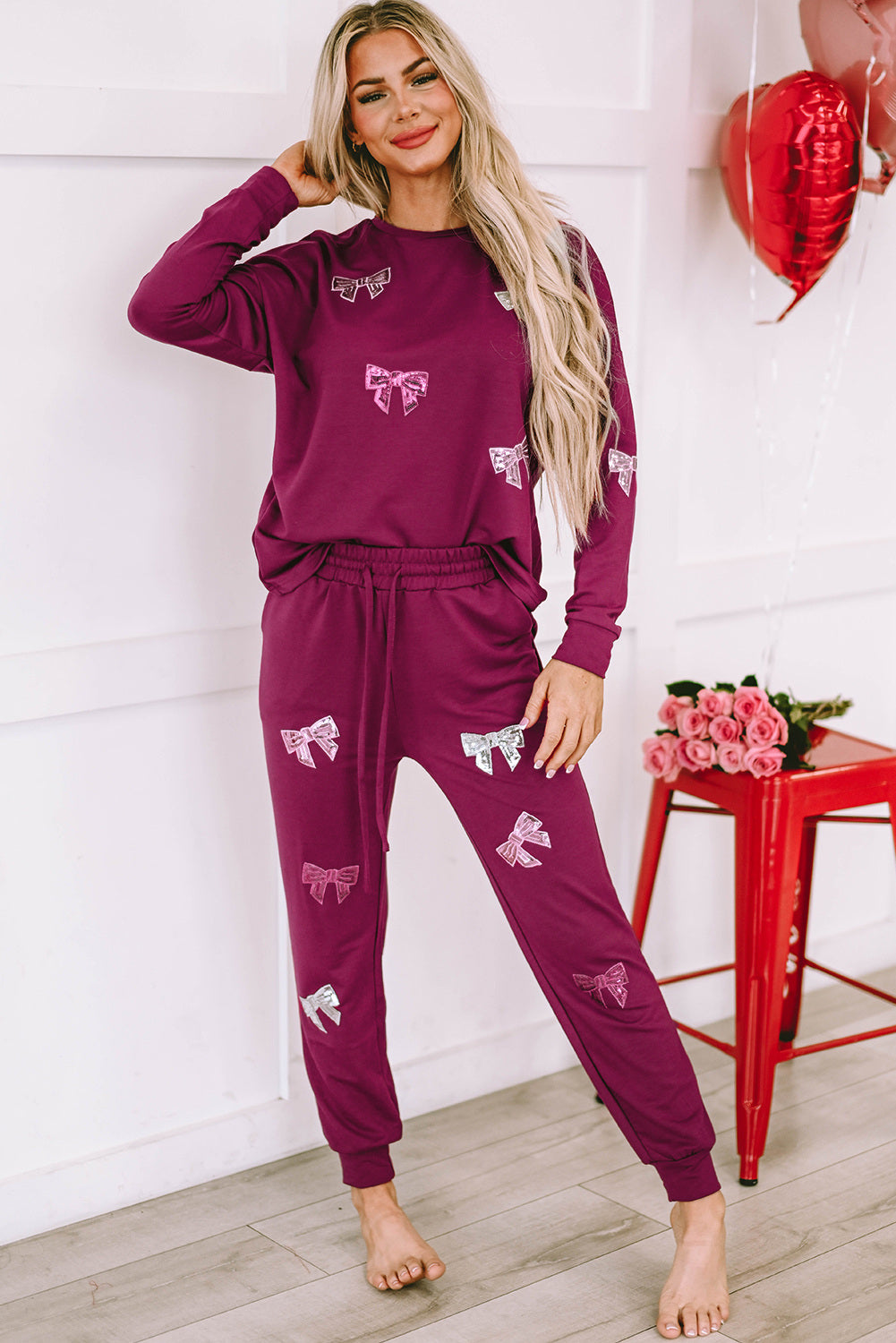 LC15800-3-S, LC15800-3-M, LC15800-3-L, LC15800-3-XL, LC15800-3-2XL, Red Sequined Bowknot Graphic Long Two-piece Outfit