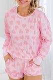 LC15803-P1020-S, LC15803-P1020-M, LC15803-P1020-L, LC15803-P1020-XL, Pink Valentine Heart Shape Print Long Sleeve Top Shorts Lounge Set