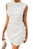 LC6118711-P1-S, LC6118711-P1-M, LC6118711-P1-L, LC6118711-P1-XL, LC6118711-P1-2XL, White Drawstring Side Solid Tank Dress