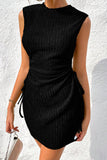 LC6118711-P2-S, LC6118711-P2-M, LC6118711-P2-L, LC6118711-P2-XL, LC6118711-P2-2XL, Black Drawstring Side Solid Tank Dress