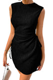 LC6118711-P2-S, LC6118711-P2-M, LC6118711-P2-L, LC6118711-P2-XL, LC6118711-P2-2XL, Black Drawstring Side Solid Tank Dress