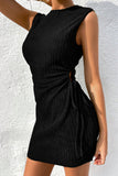 LC6118711-P2-S, LC6118711-P2-M, LC6118711-P2-L, LC6118711-P2-XL, LC6118711-P2-2XL, Black Drawstring Side Solid Tank Dress