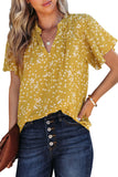 Women's Casual V Neck Floral Print Smocked Short Sleeve Chiffon Blouses