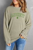 LC25317166-9-S, LC25317166-9-M, LC25317166-9-L, LC25317166-9-XL, LC25317166-9-2XL, Green LUCKY Clover Embroidered Corded Crewneck Sweatshirt