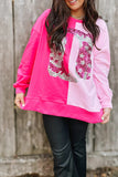 Women's Pink Color Block Sequined Cowgirl Boots Graphic Sweatshirt