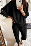LC15712-P2-S, LC15712-P2-M, LC15712-P2-L, LC15712-P2-XL, Black Ribbed Dolman Sleeve Top and Pocketed Pants Set