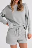 LC625104-11-S, LC625104-11-M, LC625104-11-L, LC625104-11-XL, LC625104-11-2XL, Gray Textured Long Sleeve Top and Drawstring Shorts Set