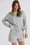 LC625104-11-S, LC625104-11-M, LC625104-11-L, LC625104-11-XL, LC625104-11-2XL, Gray Textured Long Sleeve Top and Drawstring Shorts Set