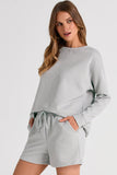 LC625104-11-S, LC625104-11-M, LC625104-11-L, LC625104-11-XL, LC625104-11-2XL, Gray Textured Long Sleeve Top and Drawstring Shorts Set