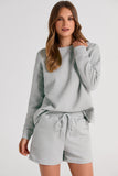 LC625104-11-S, LC625104-11-M, LC625104-11-L, LC625104-11-XL, LC625104-11-2XL, Gray Textured Long Sleeve Top and Drawstring Shorts Set