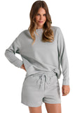 LC625104-11-S, LC625104-11-M, LC625104-11-L, LC625104-11-XL, LC625104-11-2XL, Gray Textured Long Sleeve Top and Drawstring Shorts Set