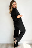 LC625630-P2-S, LC625630-P2-M, LC625630-P2-L, LC625630-P2-XL, Black Solid Color T Shirt 2pcs Wide Leg Pants Set