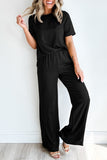 LC625630-P2-S, LC625630-P2-M, LC625630-P2-L, LC625630-P2-XL, Black Solid Color T Shirt 2pcs Wide Leg Pants Set