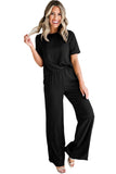 LC625630-P2-S, LC625630-P2-M, LC625630-P2-L, LC625630-P2-XL, Black Solid Color T Shirt 2pcs Wide Leg Pants Set