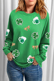 LC25317205-9-S, LC25317205-9-M, LC25317205-9-L, LC25317205-9-XL, Green St Patrick Sequin Patch Graphic Drop Shoulder Sweatshirt