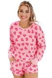 LC15803-P201020-S, LC15803-P201020-M, LC15803-P201020-L, LC15803-P201020-XL, Pink Valentine Heart Shape Print Long Sleeve Top Shorts Lounge Set