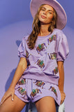 LC625937-P708-S, LC625937-P708-M, LC625937-P708-L, LC625937-P708-XL, Orchid Petal Mardi Gras Sequin Pattern Puff Sleeve Tee and Shorts Set