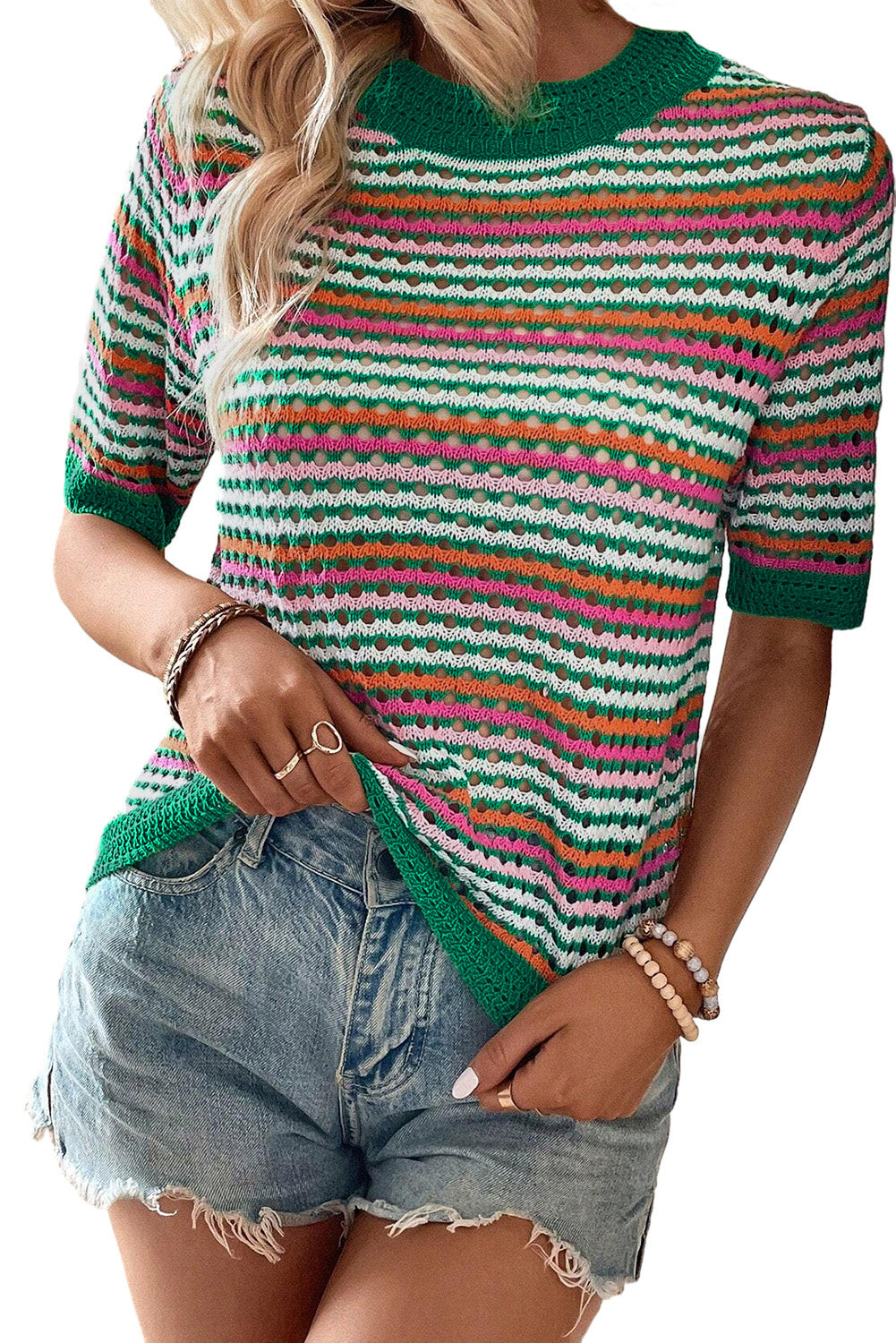 LC277075-P209-S, LC277075-P209-M, LC277075-P209-L, LC277075-P209-XL, Dark Green Striped Pattern Contrast Trim Pointelle Knit T Shirt