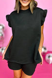 LC625933-P2-S, LC625933-P2-M, LC625933-P2-L, LC625933-P2-XL, LC625933-P2-2XL, Black Textured Ruffle Split Top and Drawstring Shorts