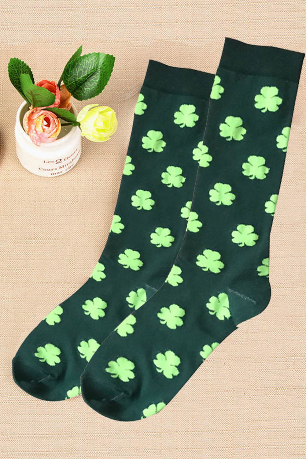 BH042551-P209, Dark Green St Patricks Clover Print Tube Socks