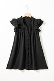 LC6118931-P2-S, LC6118931-P2-M, LC6118931-P2-L, LC6118931-P2-XL, Black Ruffle Sleeve V Neck Frilled Shift Dress