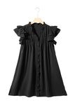 LC6118931-P2-S, LC6118931-P2-M, LC6118931-P2-L, LC6118931-P2-XL, Black Ruffle Sleeve V Neck Frilled Shift Dress