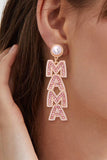 BH013611-P2010, Apricot Pink MAMA Rhinestone Pearl Dangle Stud Earrings