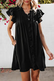 LC6118931-P2-S, LC6118931-P2-M, LC6118931-P2-L, LC6118931-P2-XL, Black Ruffle Sleeve V Neck Frilled Shift Dress