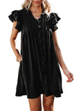 LC6118931-P2-S, LC6118931-P2-M, LC6118931-P2-L, LC6118931-P2-XL, Black Ruffle Sleeve V Neck Frilled Shift Dress